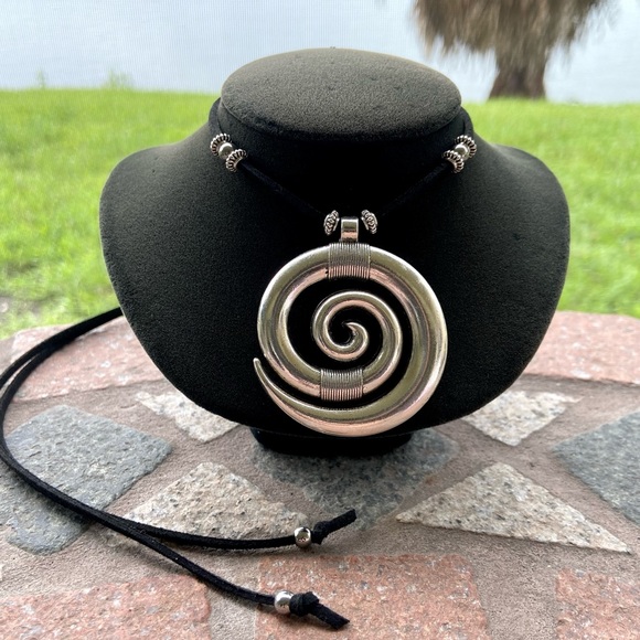 Silver Spiral of life adjustable black suede cord choker or long necklace - Picture 2 of 11